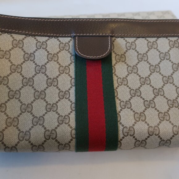 Authentic Gucci Parfums Guccissima Taupe Brown Green Red Web Zip Clutch Handbag - Picture 9 of 16
